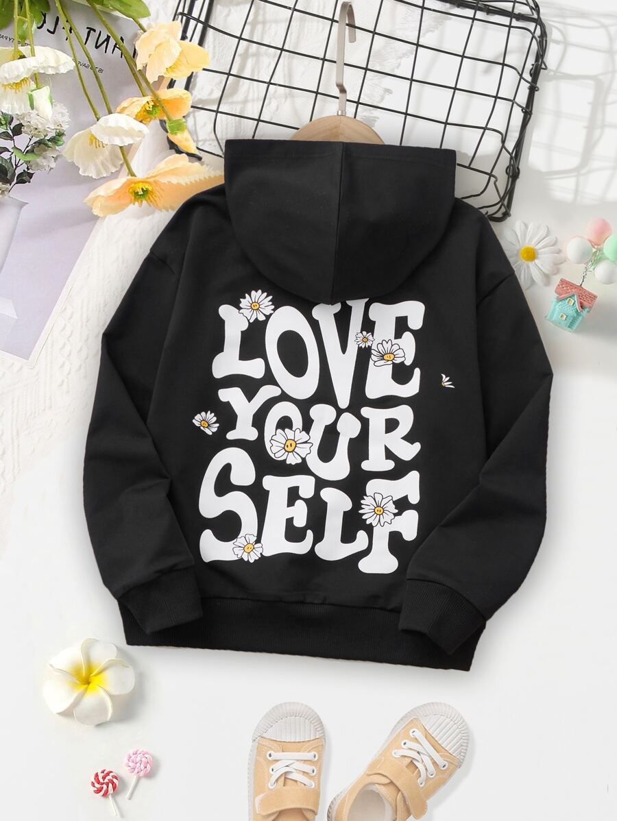 少女标语和花卉印花卫衣 - 黑色 - 查看 1