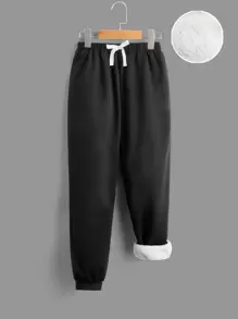 SHEIN Boys Drawstring Waist Teddy Lined Joggers - Black - View 1