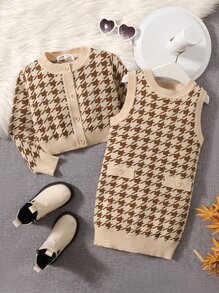 SHEIN 小女童千鳥格圖案開襟衫和毛衣裙 - 彩色 - 查看 1