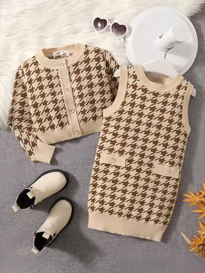 SHEIN 小女童千鳥格圖案開襟衫和毛衣裙