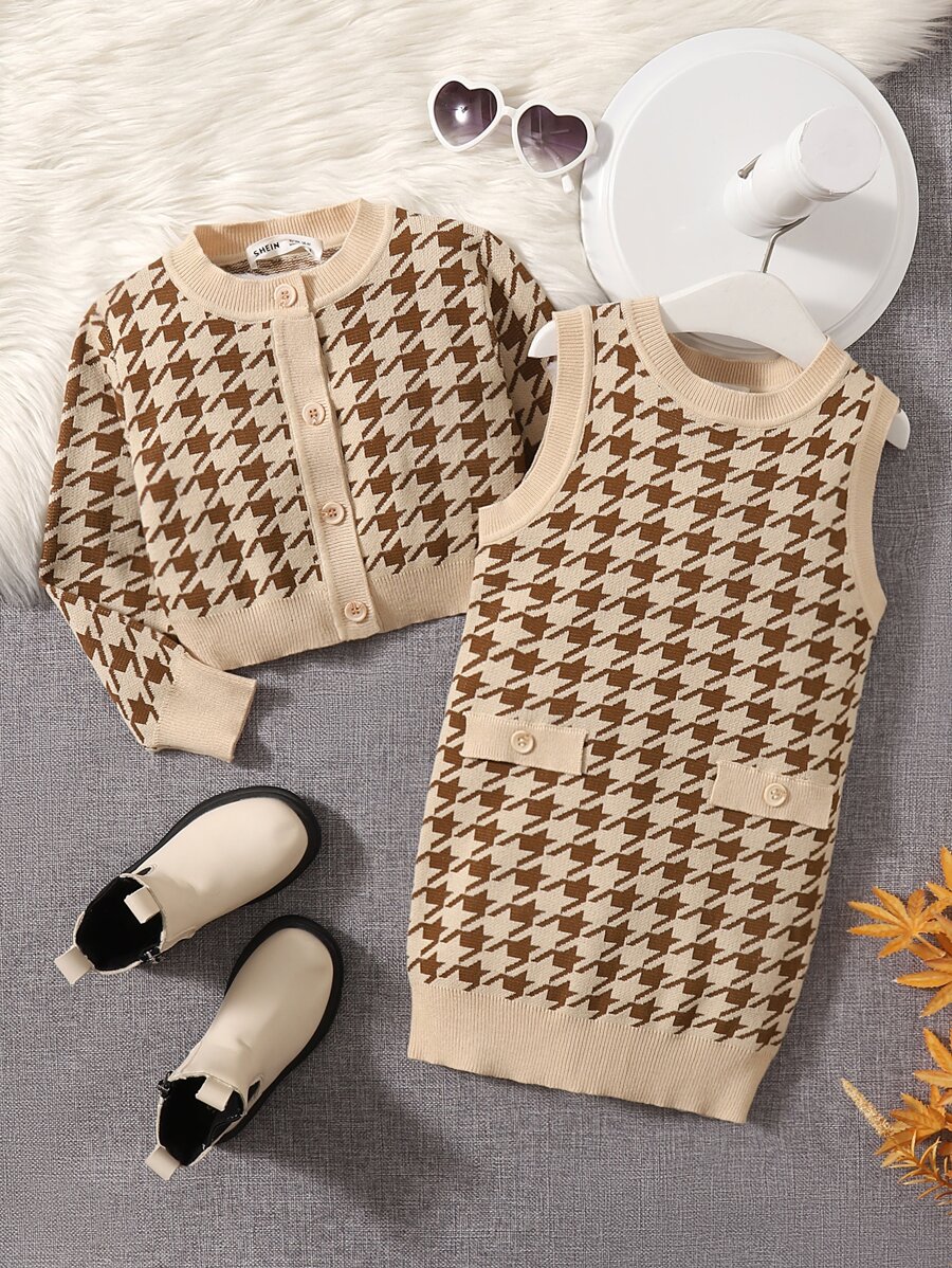 SHEIN 小女童千鳥格圖案開襟衫和毛衣裙 - 彩色 - 查看 1