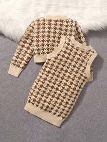 SHEIN 小女童千鳥格圖案開襟衫和毛衣裙 - 彩色 - 查看 2