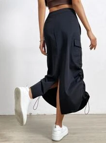 Muchica Women's Black Pu Leather Drawstring Side Flap Pocket Split Back Cargo Skirt - Black - View 2