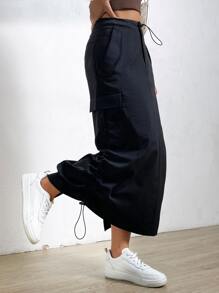 Muchica Women's Black Pu Leather Drawstring Side Flap Pocket Split Back Cargo Skirt - Black - View 4