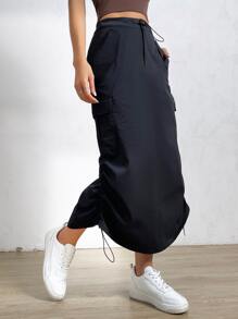 Muchica Women's Black Pu Leather Drawstring Side Flap Pocket Split Back Cargo Skirt - Black - View 5