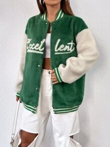 SHEIN Unity Women's Letter Pattern Drop Shoulder Long Sleeve Single-Breasted Casual Baseball Jacket, Autumn/Winter - Green - View 5