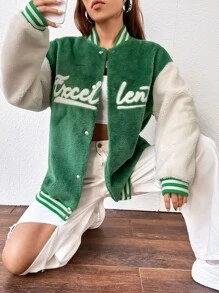 SHEIN Unity Women's Letter Pattern Drop Shoulder Long Sleeve Single-Breasted Casual Baseball Jacket, Autumn/Winter - Green - View 6
