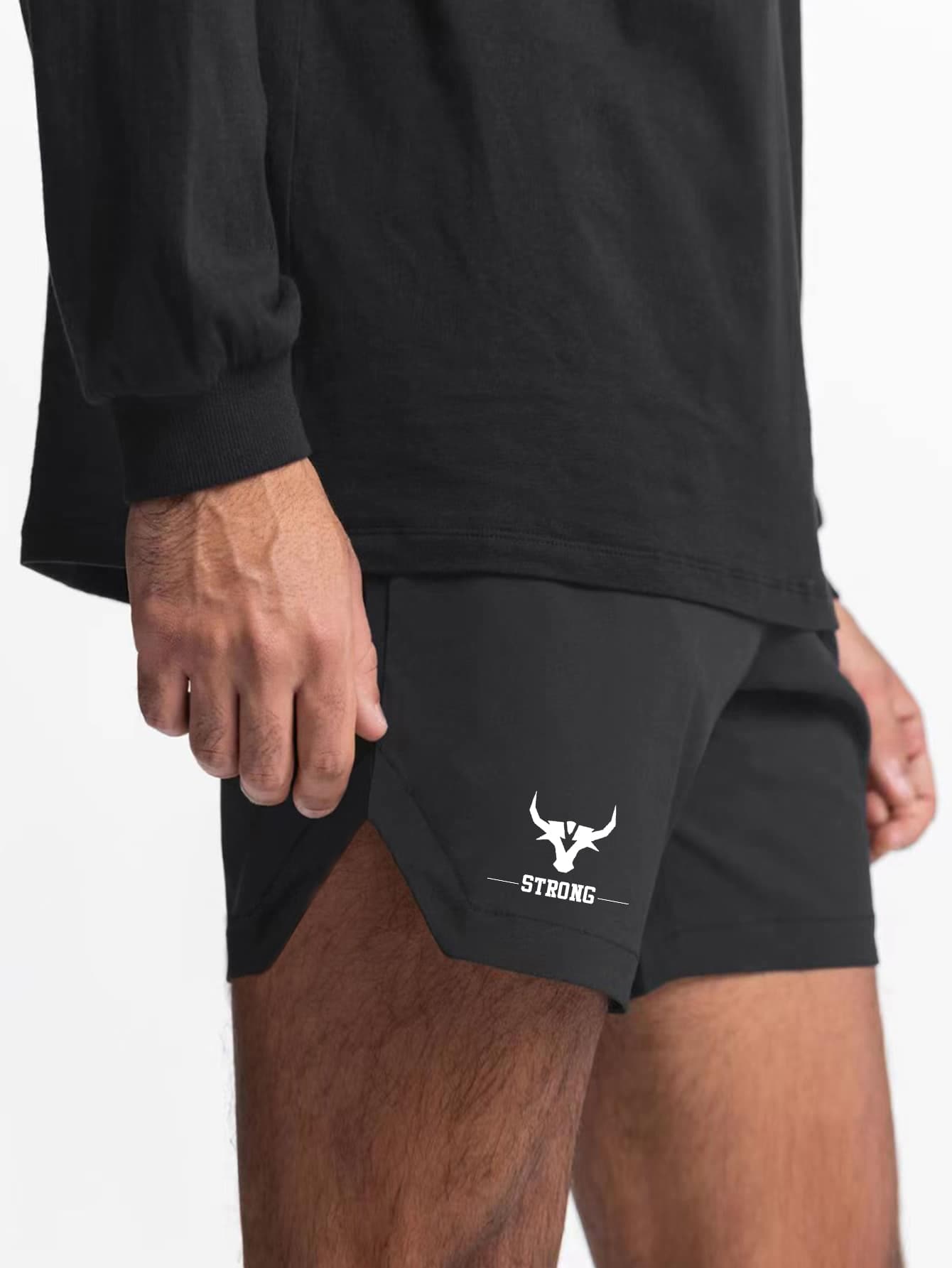 Manfinity Sport Corelite Boyfriend Style Men Letter Graphic Drawstring Waist Sports Shorts - Black - View 1