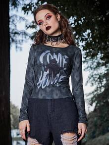 WB Horror | ROMWE Letter Graphic Tie Dye Tee - Black - View 3