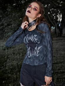 WB Horror | ROMWE Letter Graphic Tie Dye Tee - Black - View 4