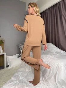 Set homewear tejido de canalé unido en contraste de hombros caídos - Camel - Ver 2