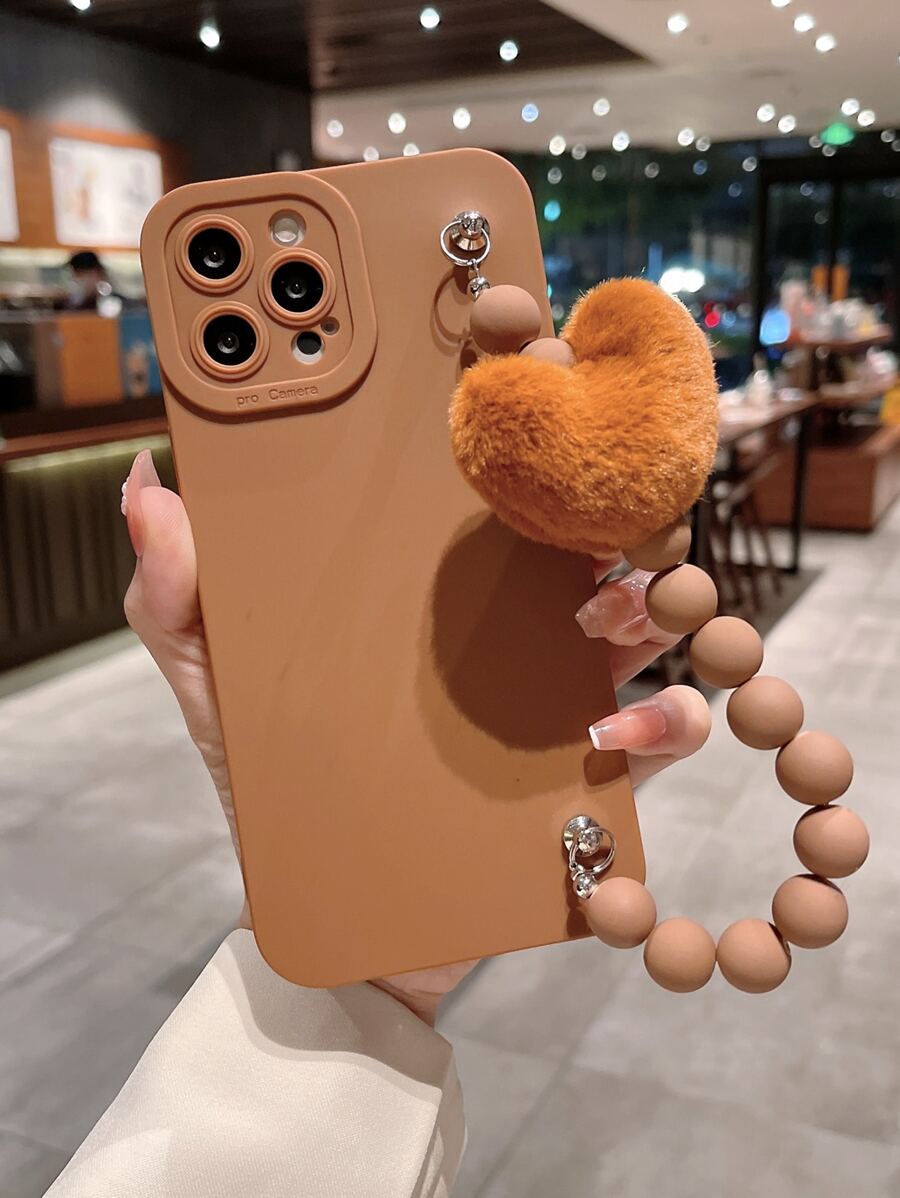 Plain Phone Case With Fluffy Heart Decor Handstrap - Brown - View 1