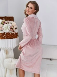 Bata panel con encaje de pestaña con cinturón franela - Rosa Pálido - Ver 2