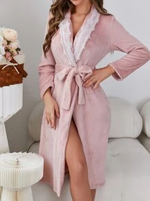 Bata panel con encaje de pestaña con cinturón franela - Rosa Pálido - Ver 5