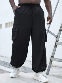 Manfinity Homme 男式扣蓋口口袋側邊束腰寬鬆貨櫃褲 - 黑色 - 查看 1