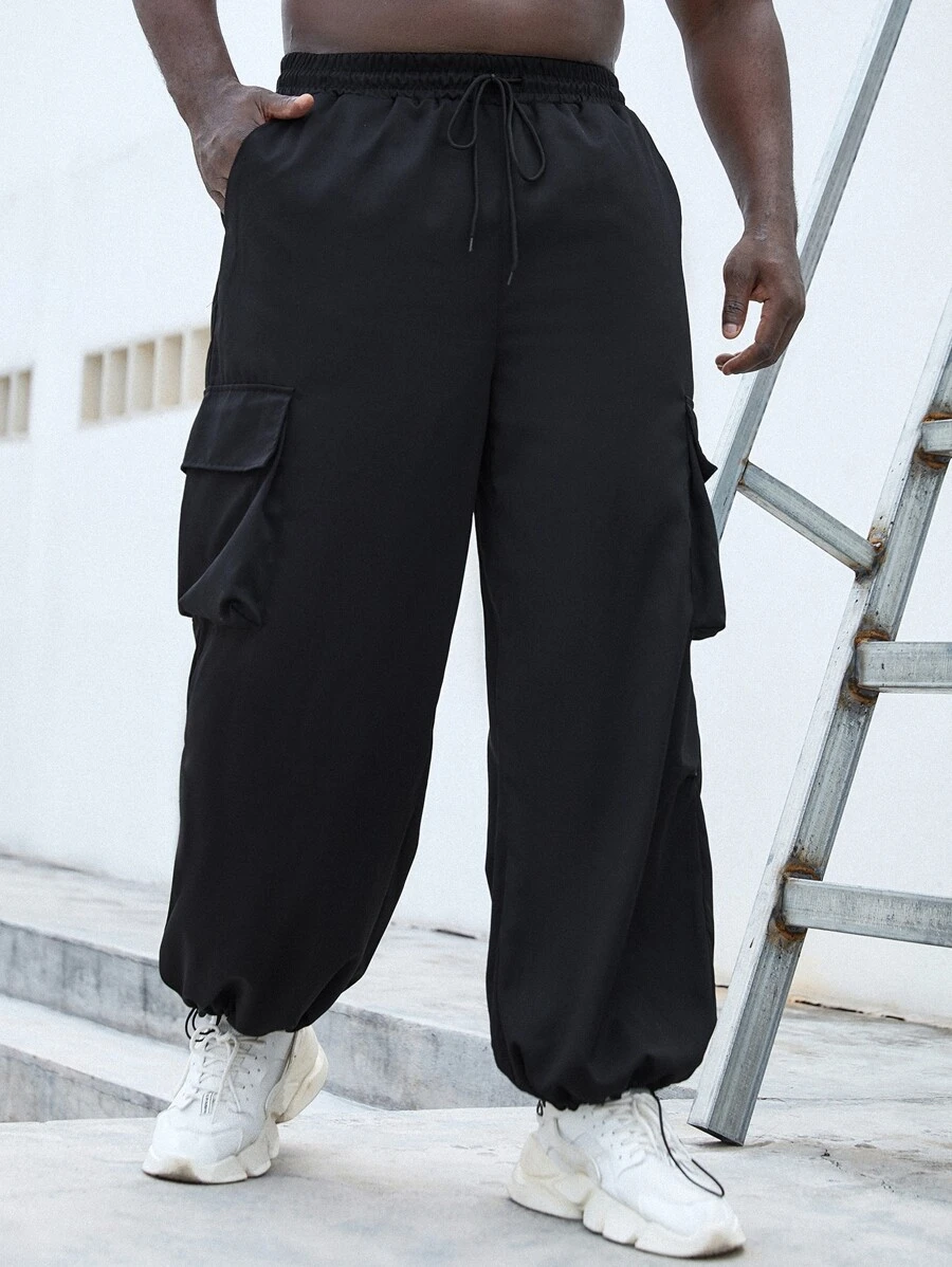 Manfinity Homme 男式扣蓋口口袋側邊束腰寬鬆貨櫃褲 - 黑色 - 查看 1