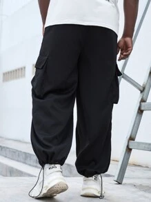 Manfinity Homme 男式扣蓋口口袋側邊束腰寬鬆貨櫃褲 - 黑色 - 查看 2