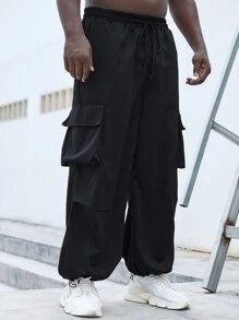 Manfinity Homme 男式扣蓋口口袋側邊束腰寬鬆貨櫃褲 - 黑色 - 查看 3