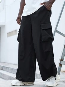 Manfinity Homme 男式扣蓋口口袋側邊束腰寬鬆貨櫃褲 - 黑色 - 查看 4