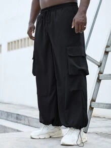Manfinity Homme 男式扣蓋口口袋側邊束腰寬鬆貨櫃褲 - 黑色 - 查看 7