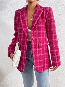 Firerie Plaid Lapel Collar Overcoat,Fall And Winter,Plaid,Long Sleeve - Hot Pink - View 1