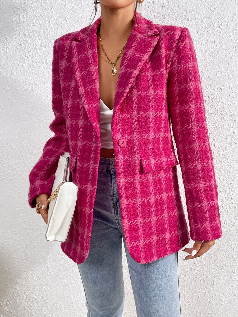Firerie Plaid Lapel Collar Overcoat,Fall And Winter,Plaid,Long Sleeve - Hot Pink - View 1