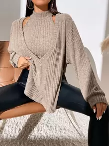 SHEIN Essnce 落肩袖下擺開叉上衣和掛脖上衣 - 杏色 - 查看 4