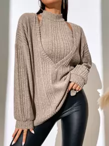 SHEIN Essnce 落肩袖下擺開叉上衣和掛脖上衣 - 杏色 - 查看 6