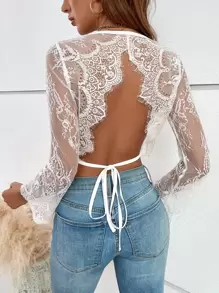 Firerie Contrast Lace Backless Crop Top - White - View 1