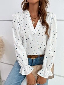 SHEIN Frenchy Heart Print Flounce Sleeve Blouse - White - View 4
