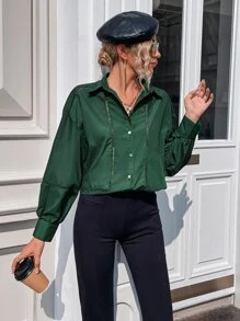 Camisa de hombros caídos con encaje - Verde Oscuro - Ver 4