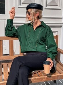 Camisa de hombros caídos con encaje - Verde Oscuro - Ver 6