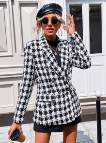 SHEIN LUNE Plaid Double Breasted Blazer - Black and White - View 5