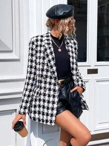 SHEIN LUNE Plaid Double Breasted Blazer - Black and White - View 6