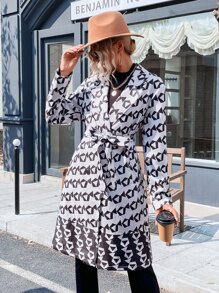 GENKIRA Áo khoác ngoài nữ Thắt lưng Hình học Tất cả trên in Giải trí - Đen và trắng - Xem 4