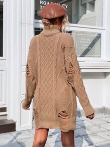 High Neck Ripped Cable Knit Jumper Dress - Khaki - View 2