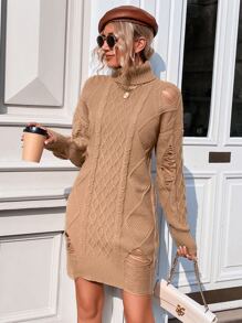 High Neck Ripped Cable Knit Jumper Dress - Khaki - View 3