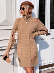 High Neck Ripped Cable Knit Jumper Dress - Khaki - View 4