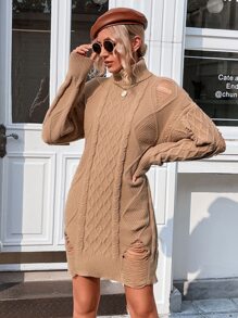 High Neck Ripped Cable Knit Jumper Dress - Khaki - View 5