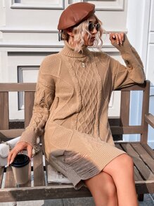 High Neck Ripped Cable Knit Jumper Dress - Khaki - View 6