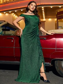 SHEIN Belle Plus Off Shoulder Ruffle Trim Mermaid Hem Glitter Bridesmaid Dress - Dark Green - View 6
