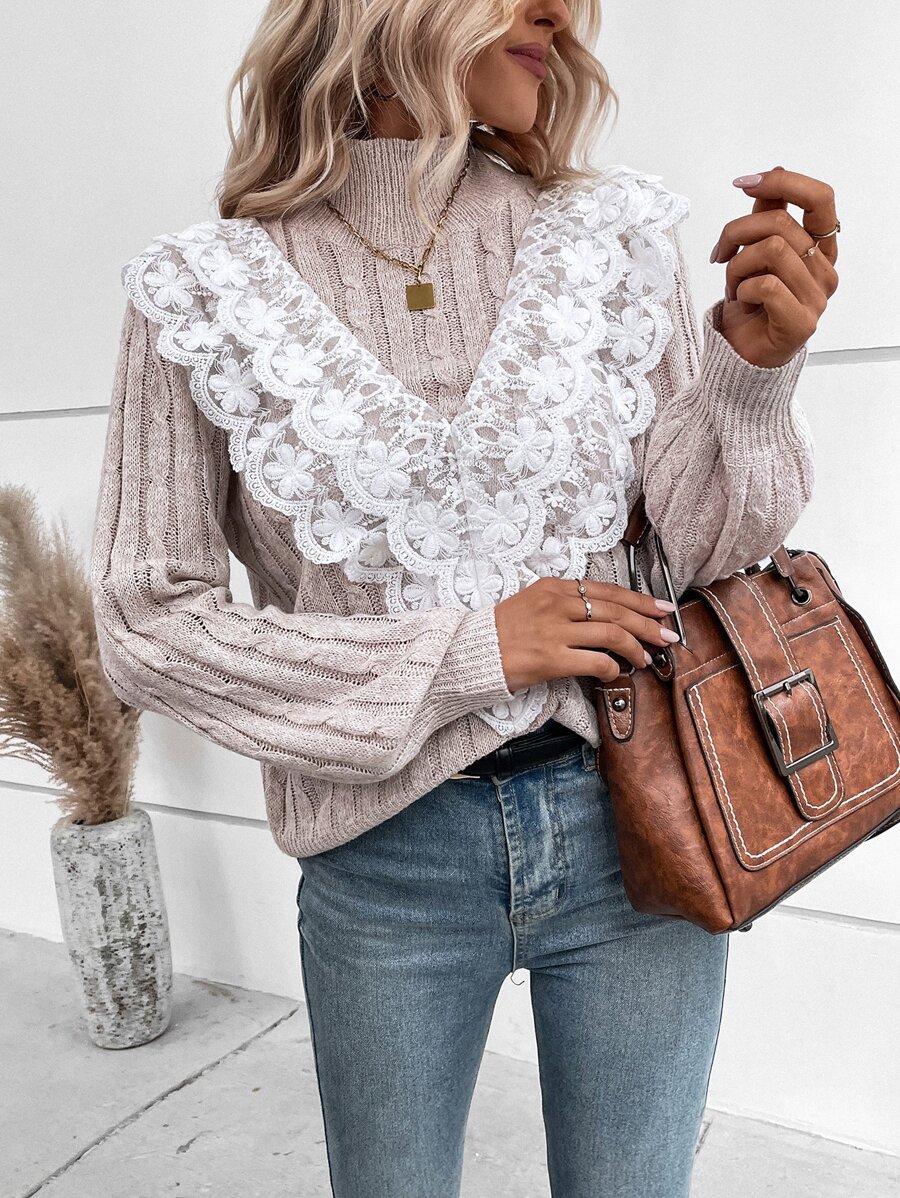 SHEIN LUNE Contrast Lace Cable Knit Jumper - Apricot - View 1