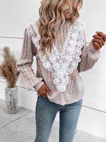 SHEIN LUNE Contrast Lace Cable Knit Jumper - Apricot - View 3