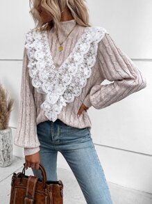 SHEIN LUNE Contrast Lace Cable Knit Jumper - Apricot - View 4