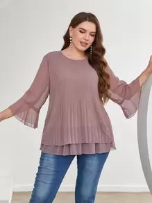 Mulvari Plus Flounce Sleeve Pleated Blouse - Dusty Pink - View 1