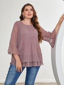 Mulvari Plus Flounce Sleeve Pleated Blouse - Dusty Pink - View 3