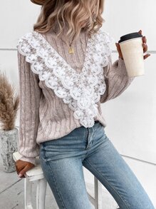 SHEIN LUNE Contrast Lace Cable Knit Jumper - Apricot - View 6