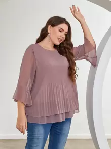 Mulvari Plus Flounce Sleeve Pleated Blouse - Dusty Pink - View 5