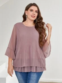 Mulvari Plus Flounce Sleeve Pleated Blouse - Dusty Pink - View 6