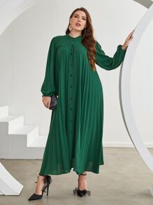 Lacomfia 大碼燈籠袖百褶襯衫洋裝